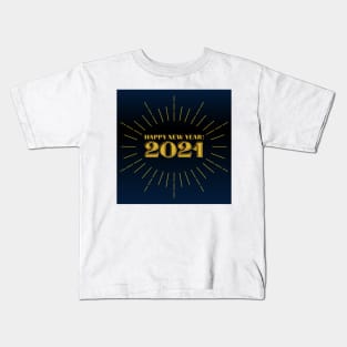 happy new year 2021 holiday retro vintage theme blue gold yellow lines pattern Kids T-Shirt